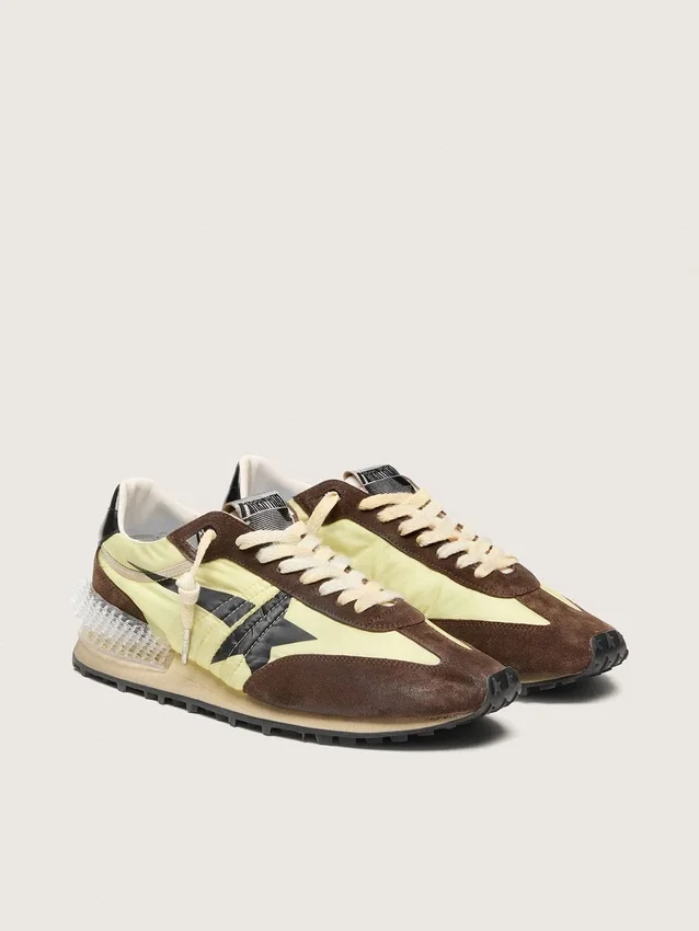 Marathon da donna in nylon verde lime con stella nera e inserti in pelle scamosciata marrone