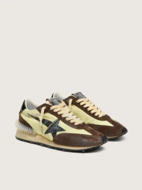 Marathon da donna in nylon verde lime con stella nera e inserti in pelle scamosciata marrone