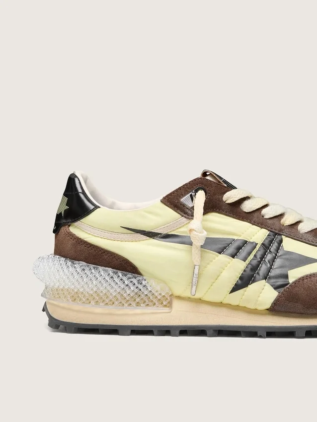 Marathon da donna in nylon verde lime con stella nera e inserti in pelle scamosciata marrone
