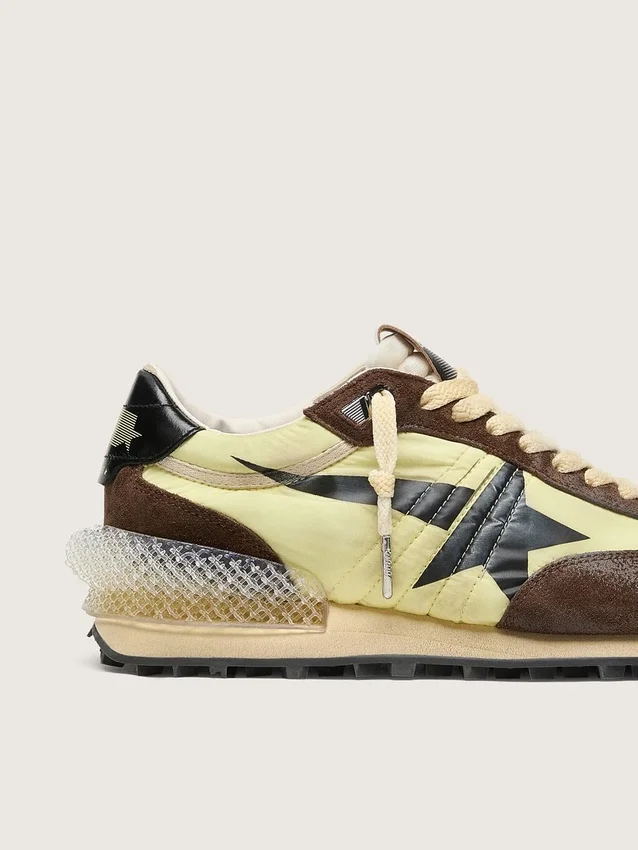 Marathon da donna in nylon verde lime con stella nera e inserti in pelle scamosciata marrone