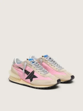 Marathon da uomo in nylon rosa e pelle scamosciata dorata con stella stampata nera
