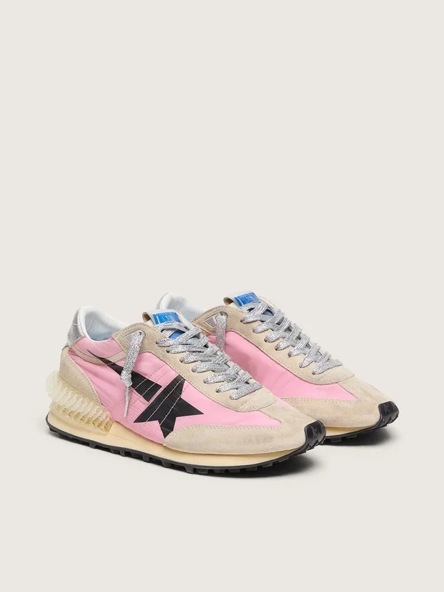 Marathon da uomo in nylon rosa e pelle scamosciata dorata con stella stampata nera