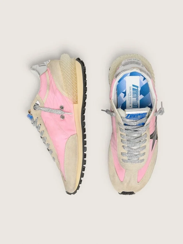 Marathon da uomo in nylon rosa e pelle scamosciata dorata con stella stampata nera