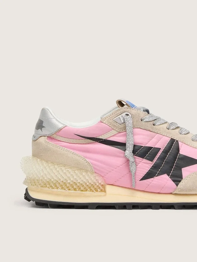 Marathon da uomo in nylon rosa e pelle scamosciata dorata con stella stampata nera