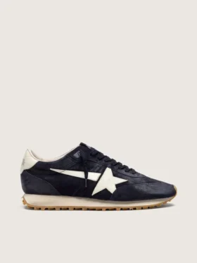 Marathon da donna in pelle scamosciata blu navy con stella e linguetta sul tallone in pelle