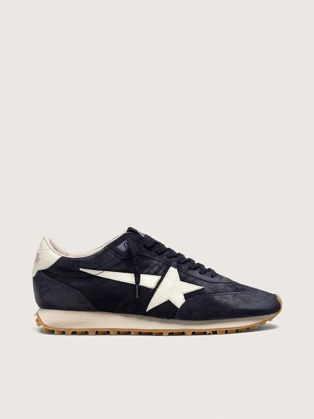 Marathon da donna in pelle scamosciata blu navy con stella e linguetta sul tallone in pelle