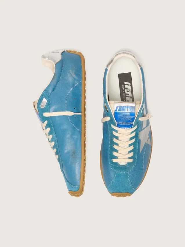 Marathon Speed da uomo in nappa blu con stella stampata e linguetta sul tallone in pelle argentata
