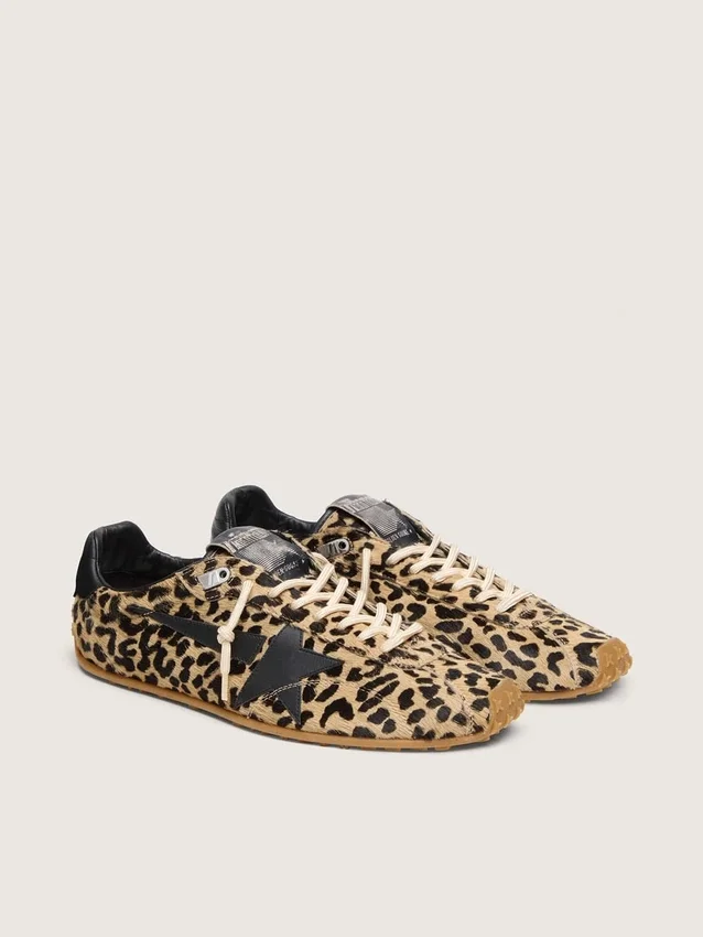 Marathon Speed da donna in pelle di cavallino con stampa leopardata beige e nera e stella in pelle nera