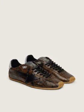 Marathon Speed da uomo in pelle con stampa serpente marrone, stella nera e linguetta sul tallone in pelle argentata