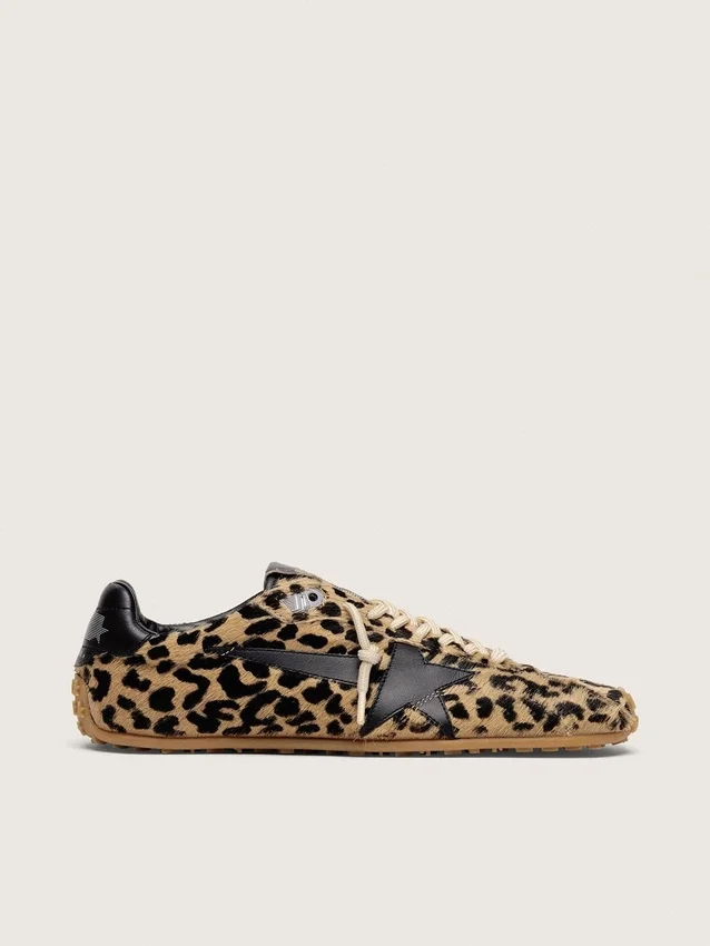 Marathon Speed da uomo in pelle di pony beige e nera con stampa leopardata e stella in pelle nera