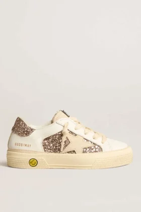 May Teen in pelle bianca e glitter oro rosa con stella in pelle scamosciata beige