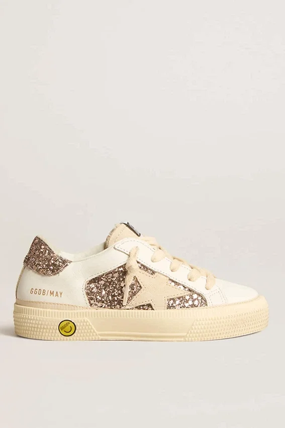 May Teen in pelle bianca e glitter oro rosa con stella in pelle scamosciata beige