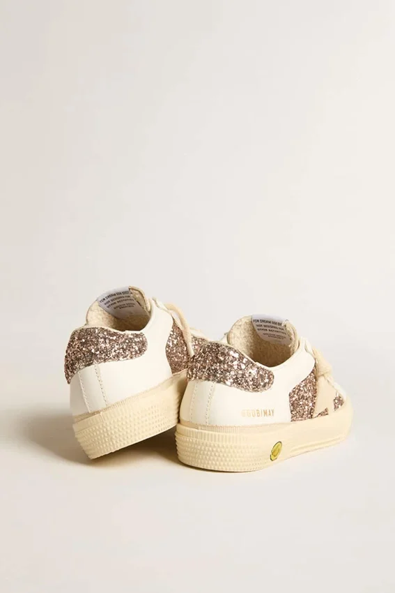 May Teen in pelle bianca e glitter oro rosa con stella in pelle scamosciata beige