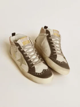Mid Star con stella in pelle grigia e inserto in pelle argento metallizzato