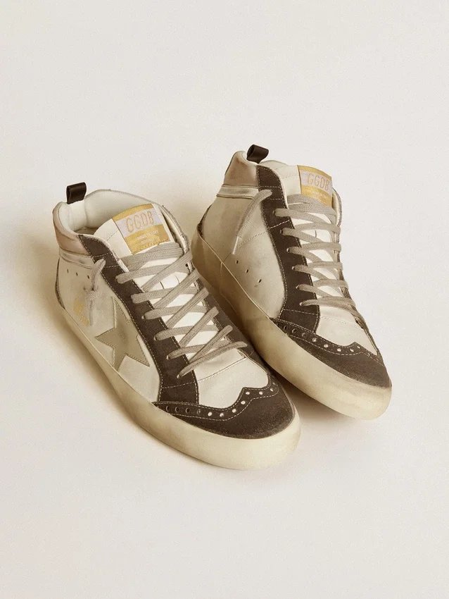 Mid Star con stella in pelle grigia e inserto in pelle argento metallizzato