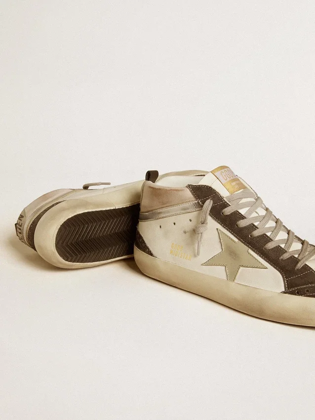 Mid Star con stella in pelle grigia e inserto in pelle argento metallizzato