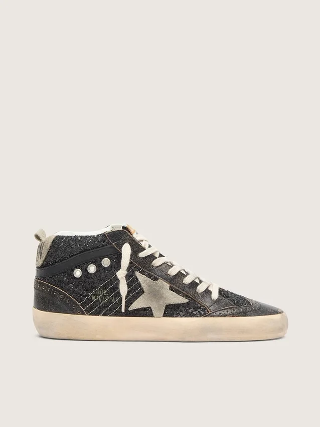 Mid Star da donna in glitter nero con stella e linguetta sul tallone in pelle scamosciata grigio tortora