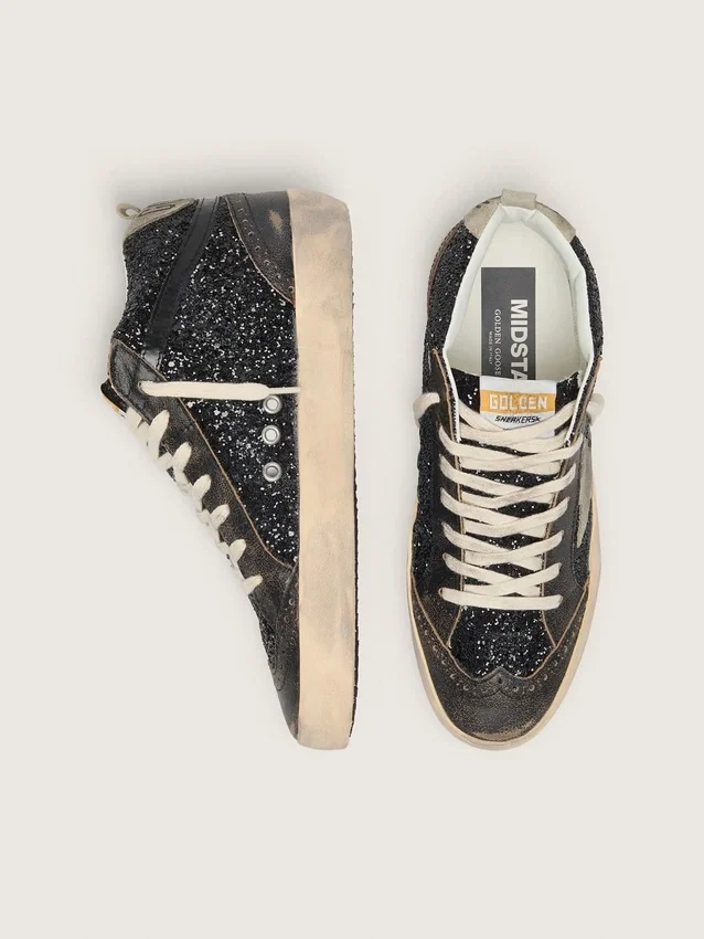 Mid Star da donna in glitter nero con stella e linguetta sul tallone in pelle scamosciata grigio tortora
