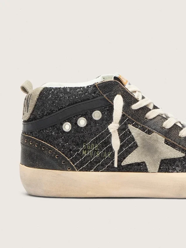 Mid Star da donna in glitter nero con stella e linguetta sul tallone in pelle scamosciata grigio tortora