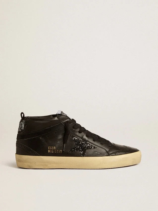 Mid Star da donna in nappa nera con stella glitterata nera e inserti in pelle scamosciata