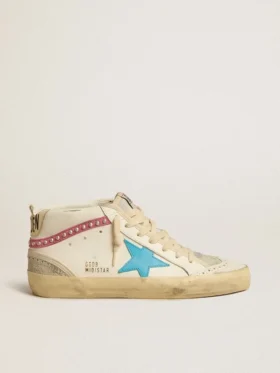 Mid Star da donna in pelle con stella azzurra e inserto in pelle scamosciata fucsia con borchie platino