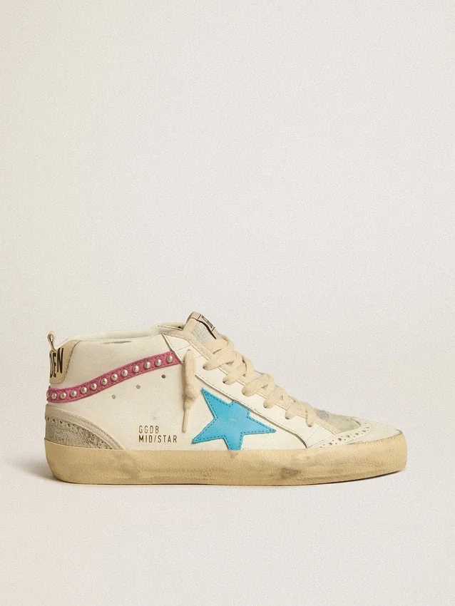 Mid Star da donna in pelle con stella azzurra e inserto in pelle scamosciata fucsia con borchie platino