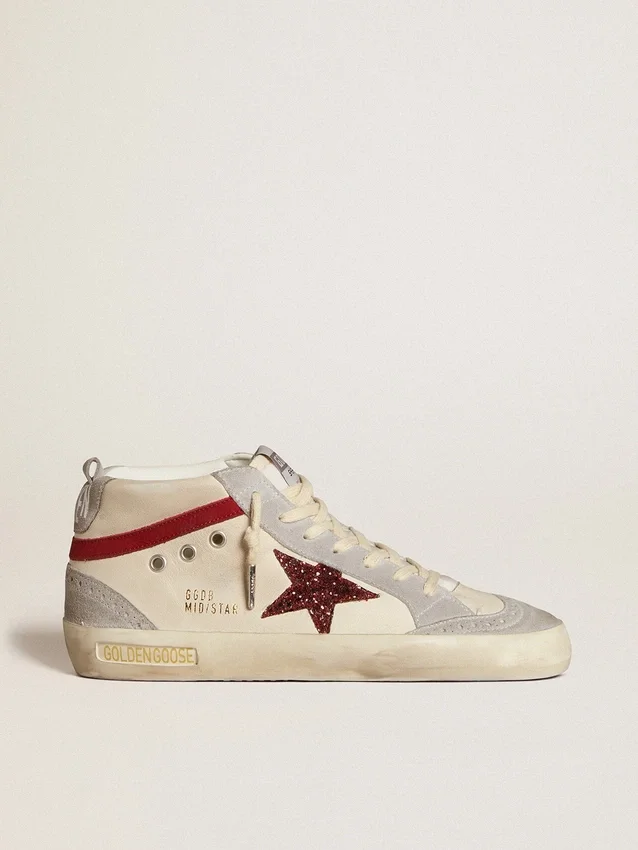 Mid Star da donna in pelle con stella glitterata e dettaglio in nabuk rosso