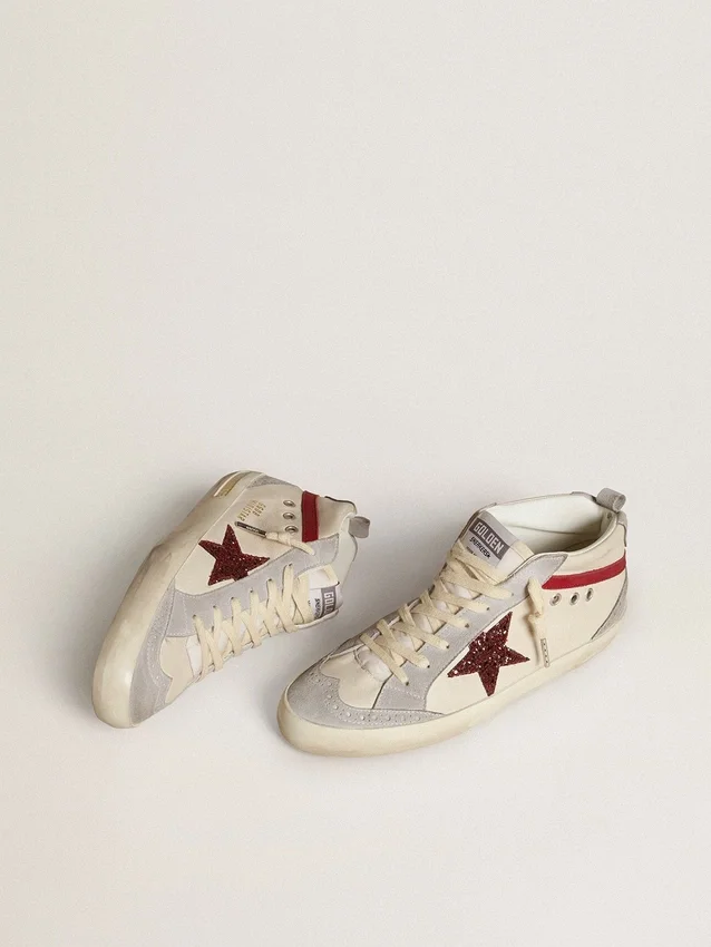 Mid Star da donna in pelle con stella glitterata e dettaglio in nabuk rosso