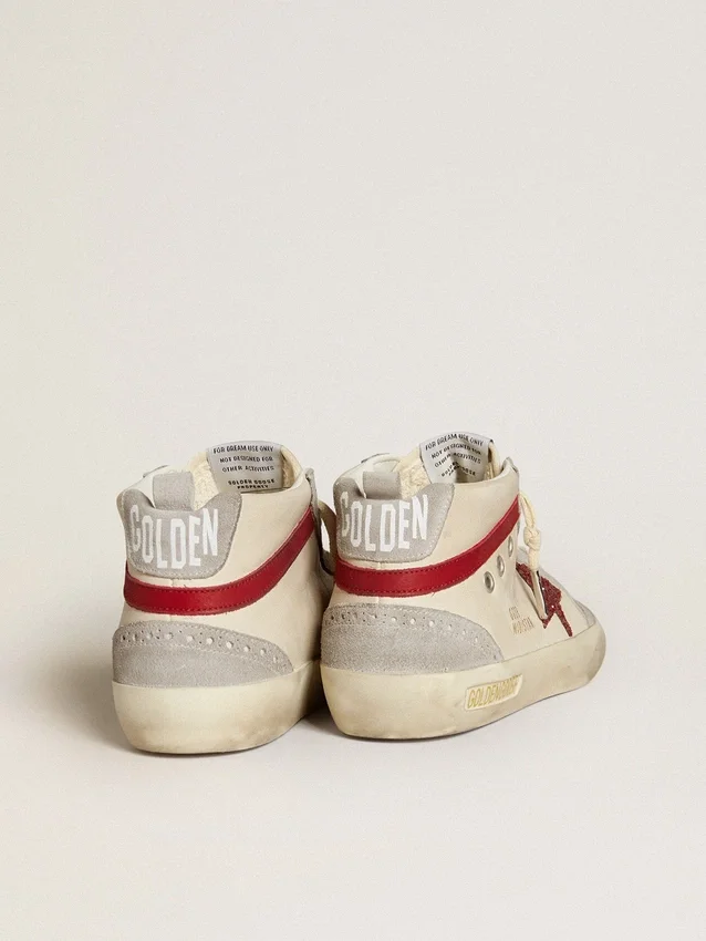 Mid Star da donna in pelle con stella glitterata e dettaglio in nabuk rosso