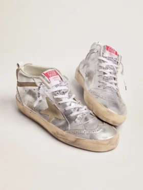 Mid Star da donna in pelle laminata argento con stella grigio tortora
