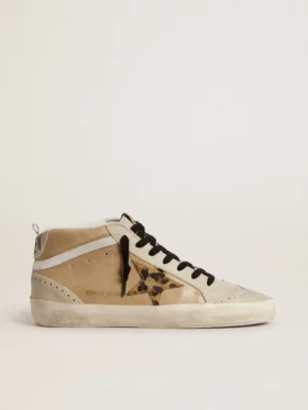 Mid Star da donna in pelle Naplak beige con stella in pelle di pony con stampa leopardata