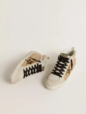 Mid Star da donna in pelle Naplak beige con stella in pelle di pony con stampa leopardata