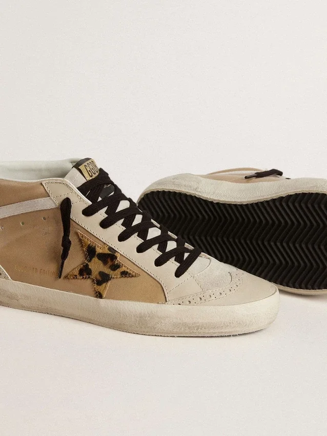 Mid Star da donna in pelle Naplak beige con stella in pelle di pony con stampa leopardata