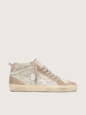 Mid Star da donna in pelle scamosciata beige con Swarovski argentati e stella in pelle bianca