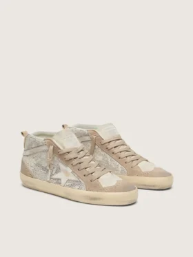 Mid Star da donna in pelle scamosciata beige con Swarovski argentati e stella in pelle bianca