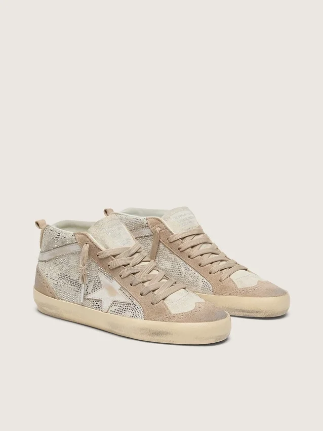 Mid Star da donna in pelle scamosciata beige con Swarovski argentati e stella in pelle bianca