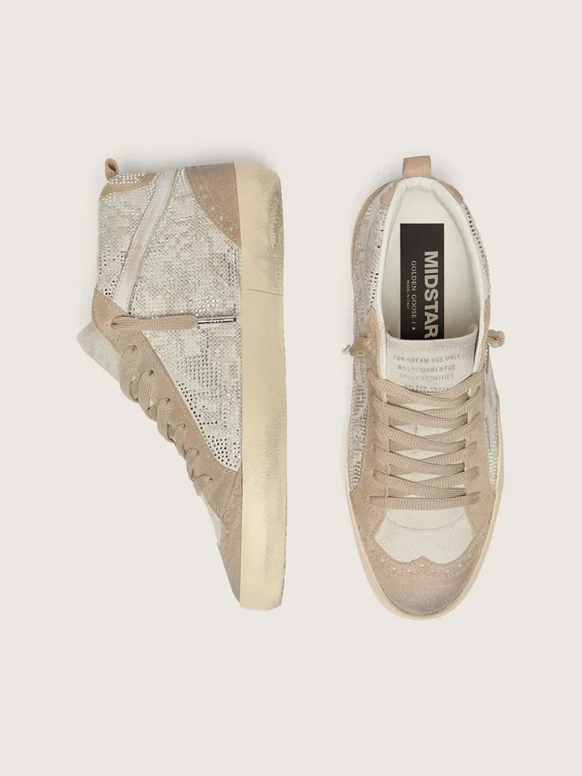 Mid Star da donna in pelle scamosciata beige con Swarovski argentati e stella in pelle bianca