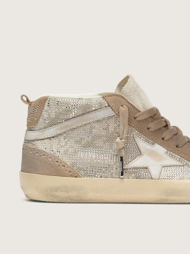 Mid Star da donna in pelle scamosciata beige con Swarovski argentati e stella in pelle bianca