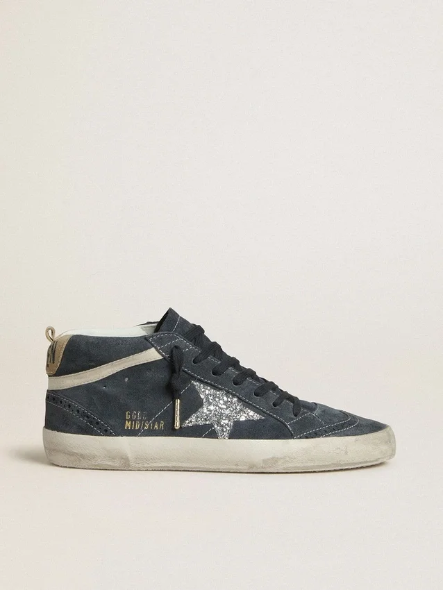 Mid Star da donna in pelle scamosciata blu petrolio con stella glitterata argento e dettaglio in cotone
