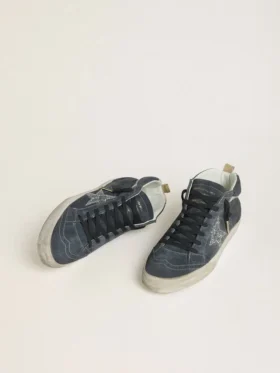 Mid Star da donna in pelle scamosciata blu petrolio con stella glitterata argento e dettaglio in cotone