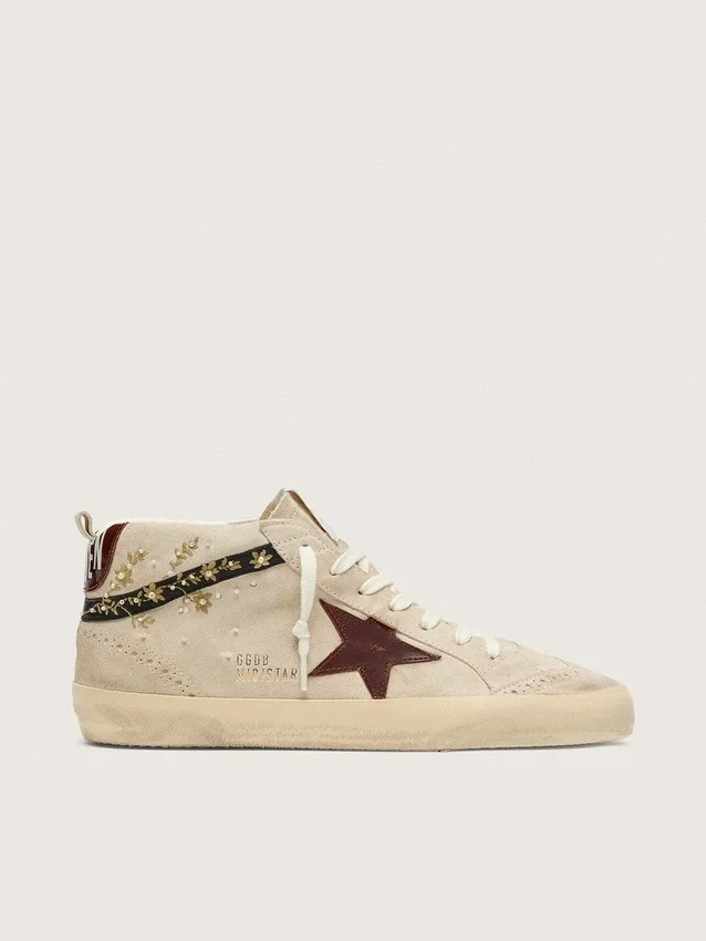 Mid Star da donna in pelle scamosciata color perla con stella in pelle bordeaux e inserti in perla e ricami