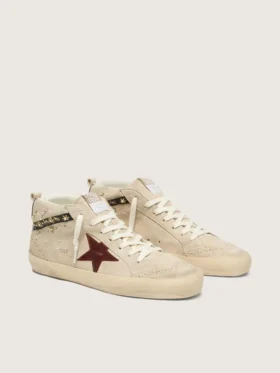 Mid Star da donna in pelle scamosciata color perla con stella in pelle bordeaux e inserti in perla e ricami