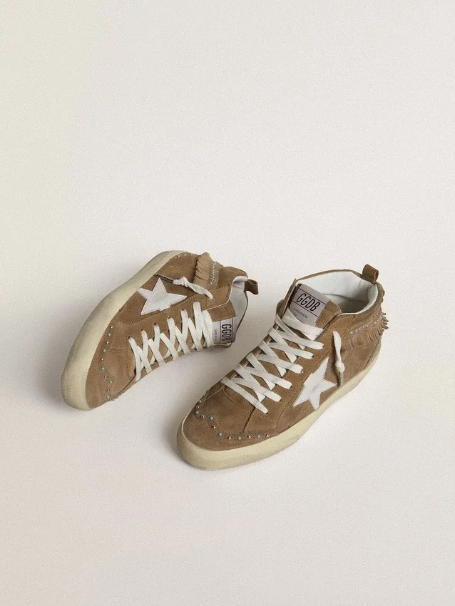Mid Star da donna in pelle scamosciata color tabacco con frange e borchie