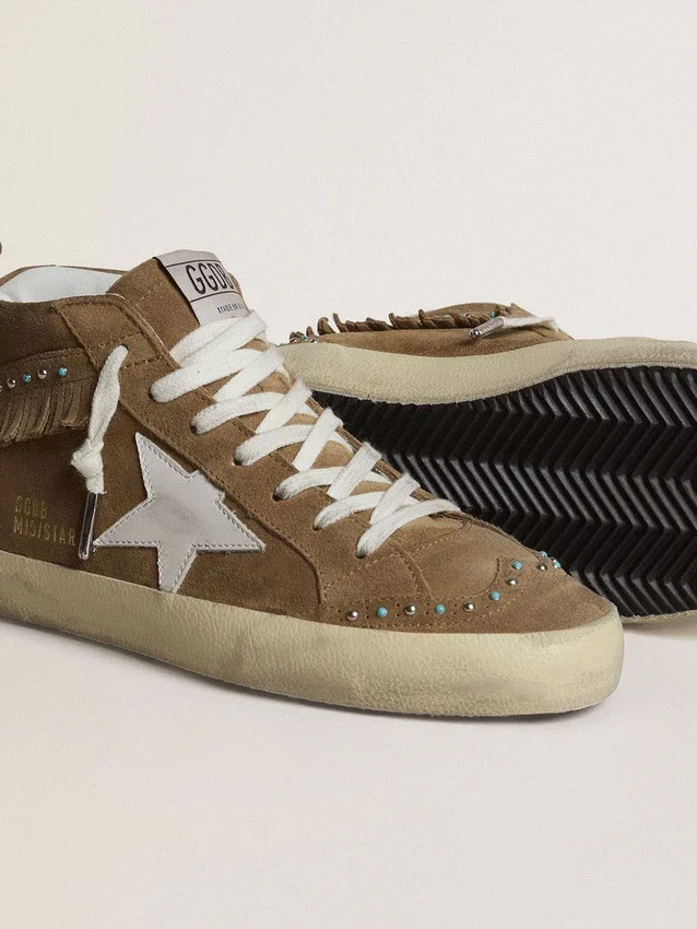 Mid Star da donna in pelle scamosciata color tabacco con frange e borchie