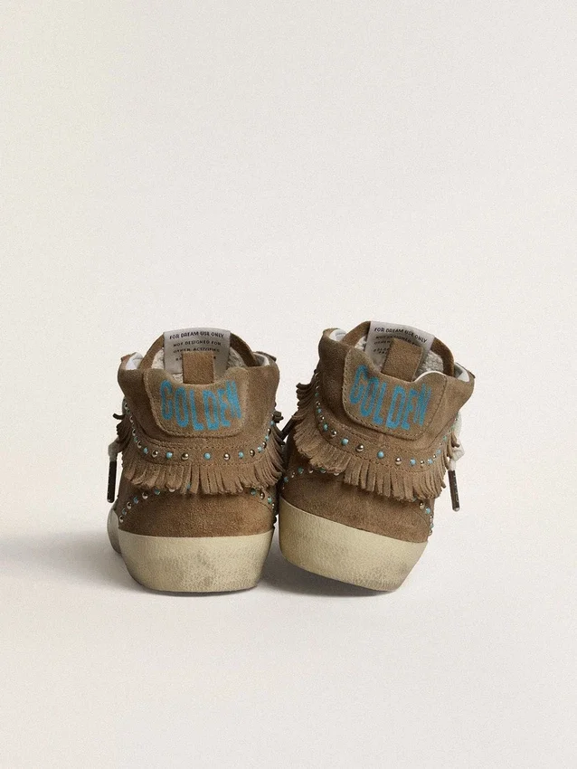 Mid Star da donna in pelle scamosciata color tabacco con frange e borchie