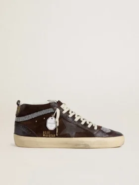 Mid Star da donna in pelle scamosciata marrone con stella in pelle e cristalli Swarovski