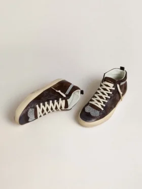 Mid Star da donna in pelle scamosciata marrone con stella in pelle e cristalli Swarovski