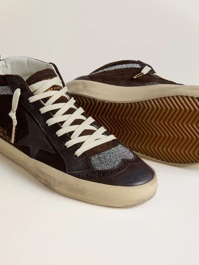 Mid Star da donna in pelle scamosciata marrone con stella in pelle e cristalli Swarovski