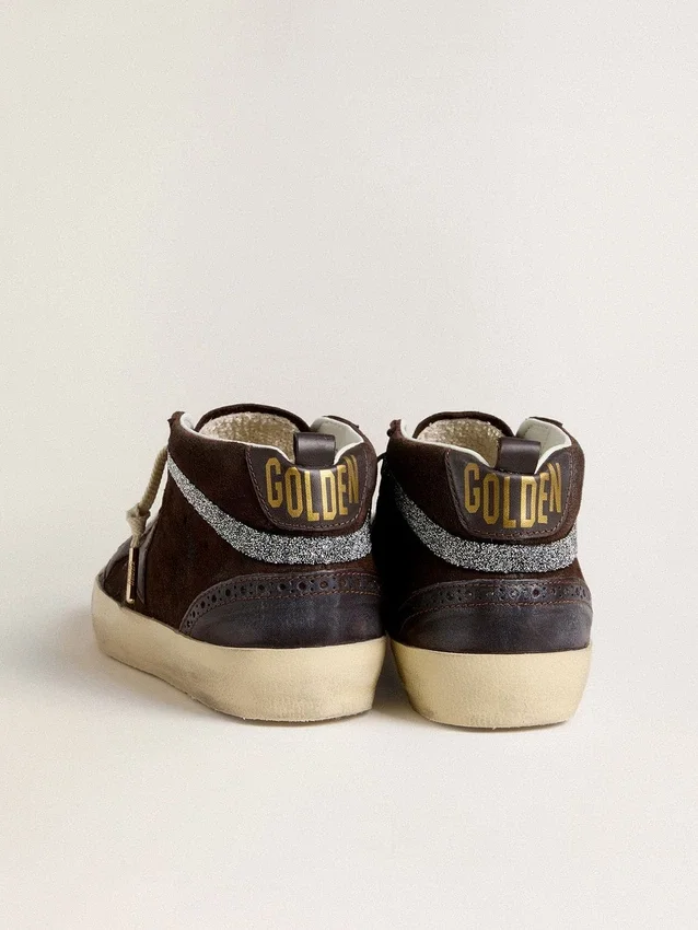 Mid Star da donna in pelle scamosciata marrone con stella in pelle e cristalli Swarovski