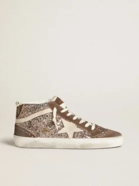 Mid Star da donna in versione glitterata con stella in pelle scamosciata perlata e inserti in pelle scamosciata marrone